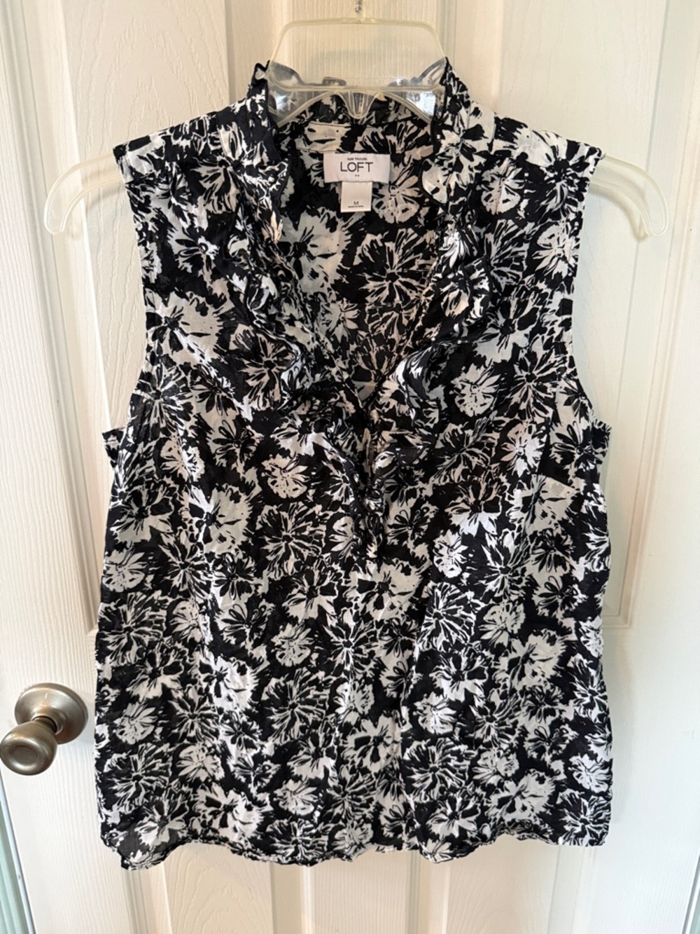 LOFT Black and White Floral Ruffle Sleeveless Camisole